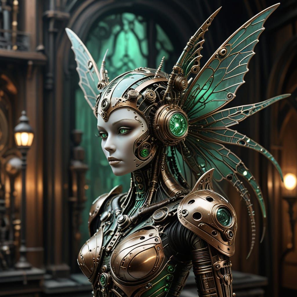 Clockwork Fairy in Steampunk City with Automatons