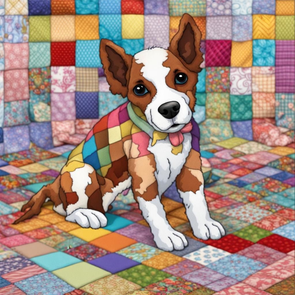 Cartoon Dog in Patchwork, Cutecore Clowncore Style