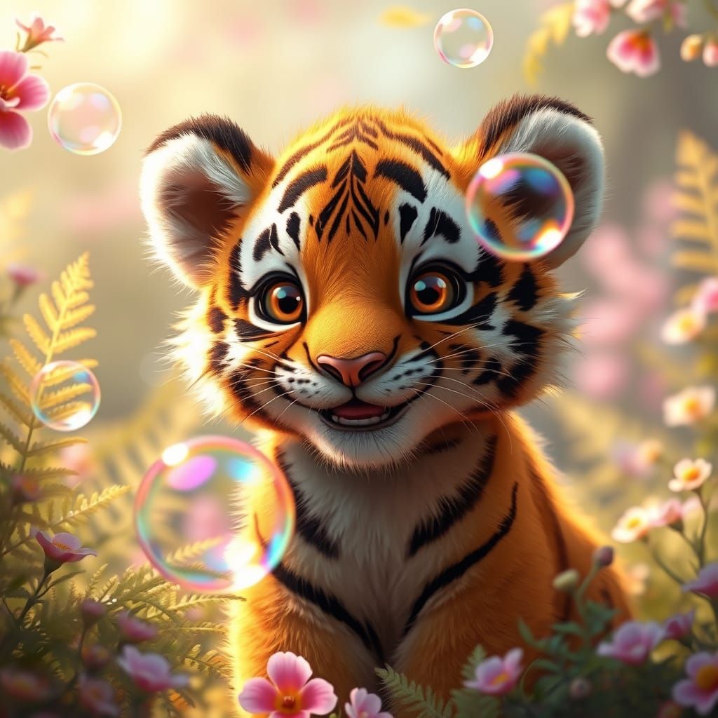 Golden Tiger Cub Chases Whimsical Soap Bubbles in Vibrant Fo...