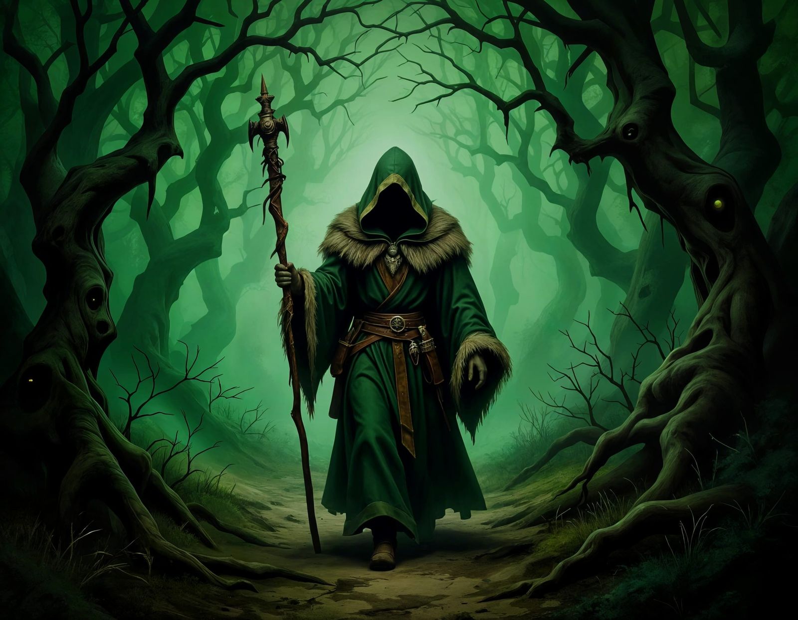 Mysterious Druid in Twisted Forest Oil Painting