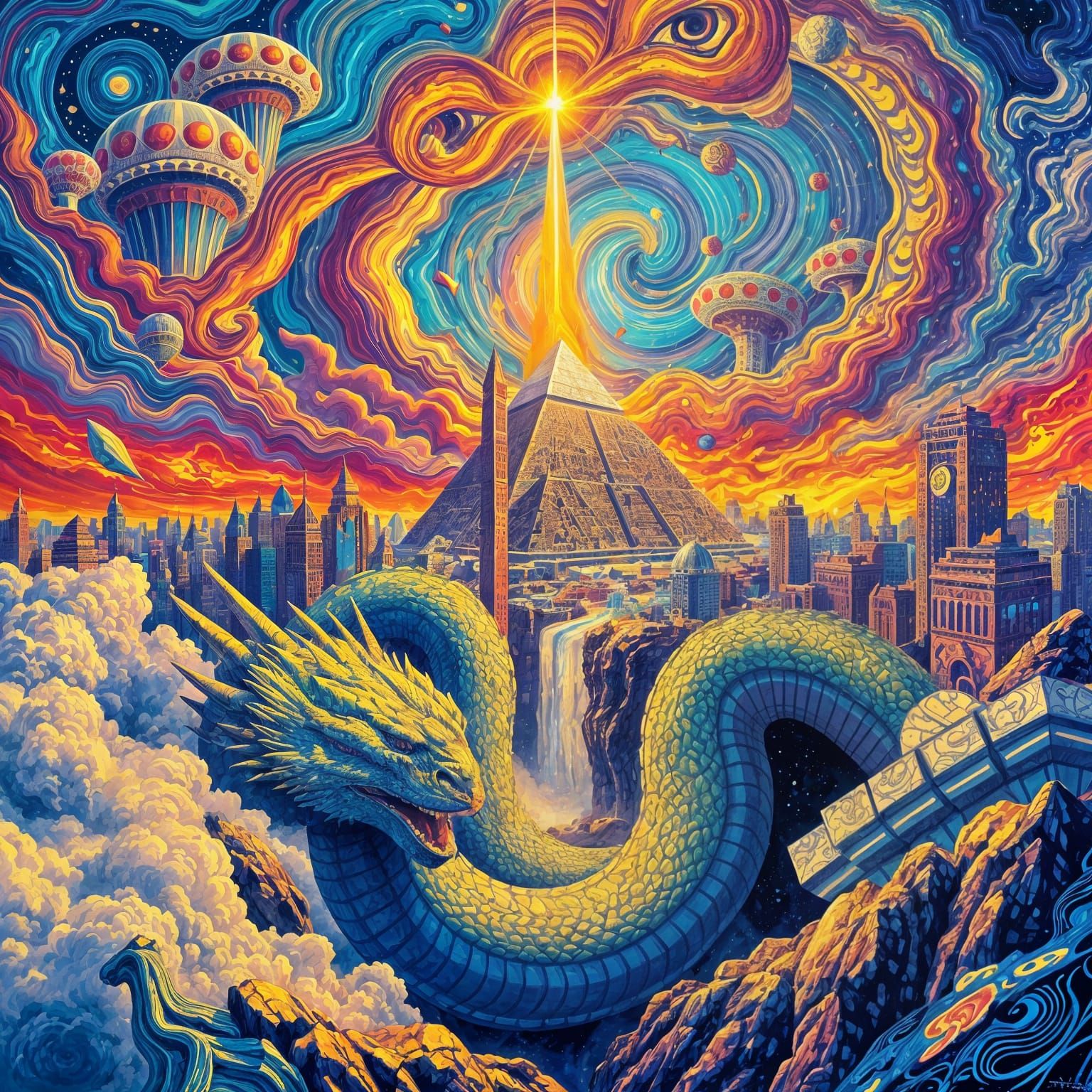 Psychedelic Cityscape on Cosmic Serpents with Pyramids
