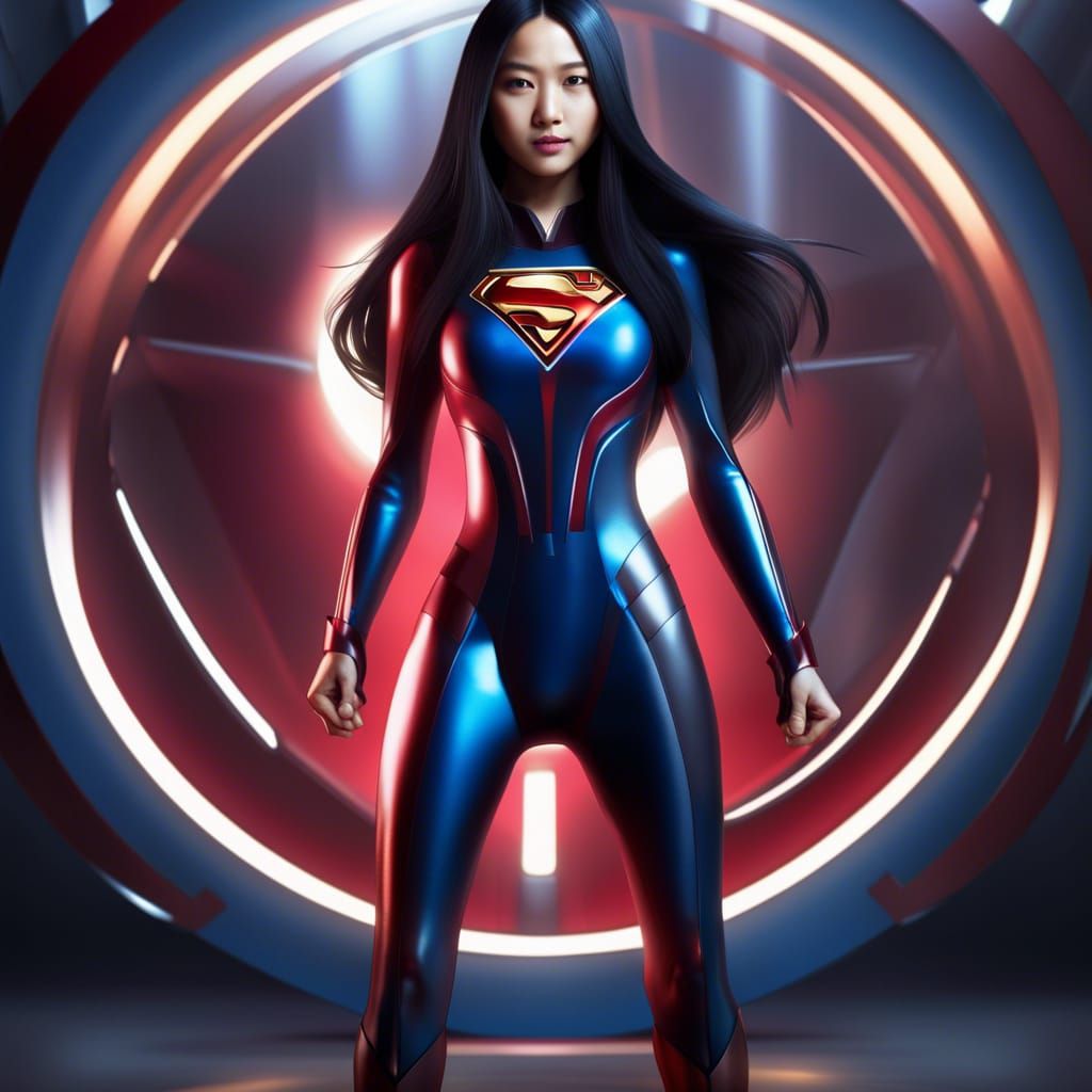 Asian Girl Superhero in Futuristic Iron Suit