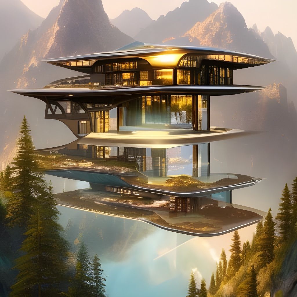 Glass Villa on Mountaintop in Sci-Fi Art Nouveau Style