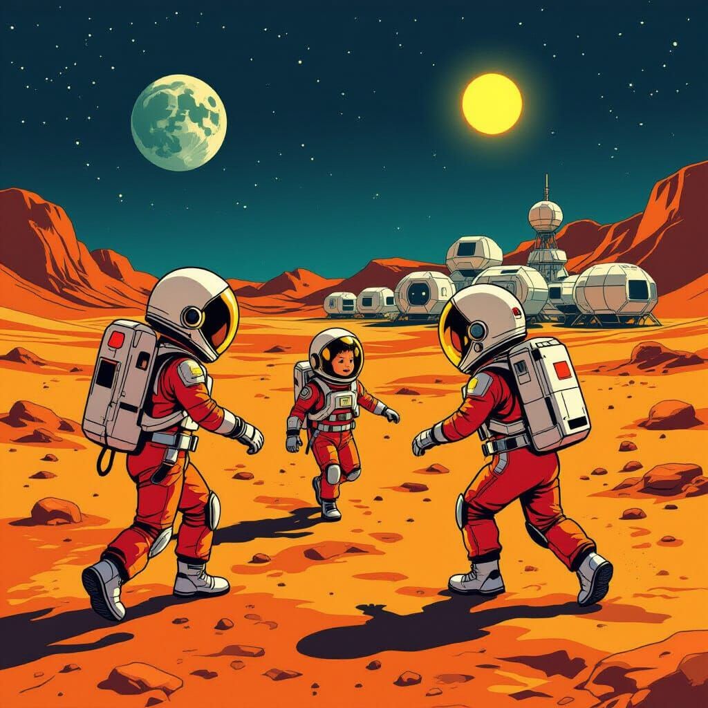 Children Playfully Explore Mars in Bright Space Suits