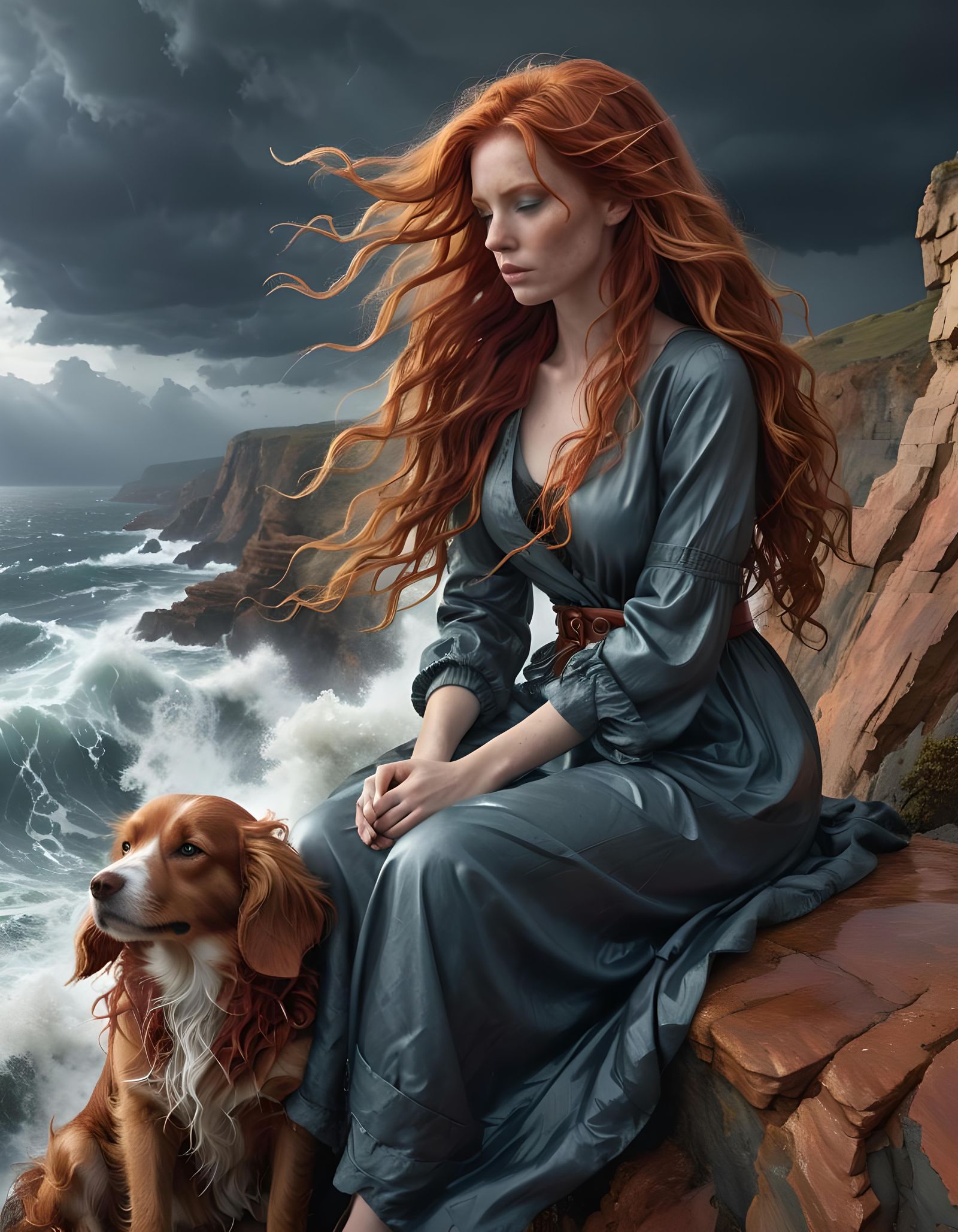 Woman and Dog Contemplate Stormy Sea