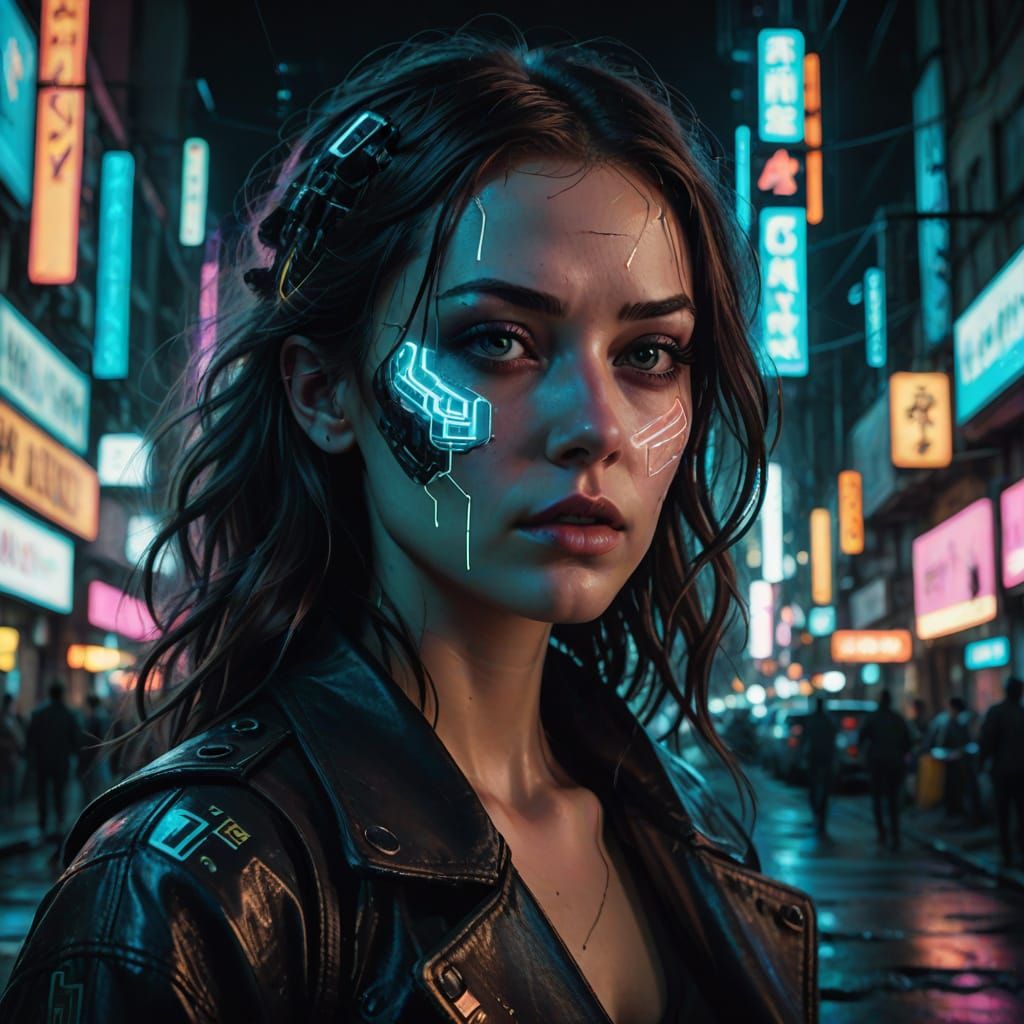 Cyberpunk Woman Portrait with Digital Glitches in Film Noir ...