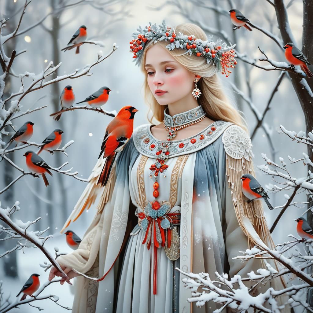 Slavic Beauty with Bullfinches in Winter Wonderland