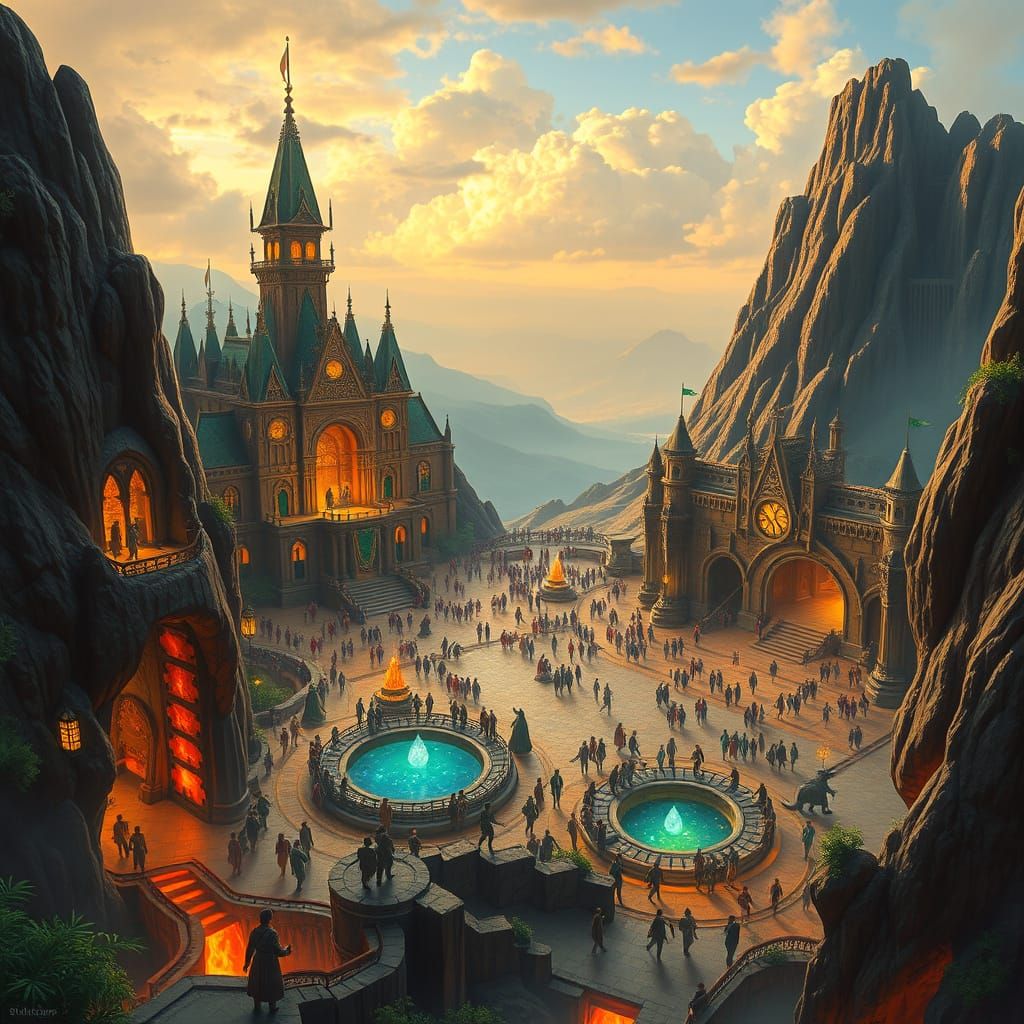 Majestic Volcano City in Golden Light