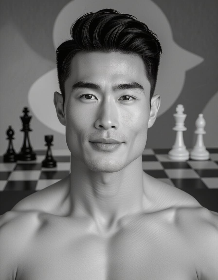 Serene Asian Man Portrait in Black and White Photorealism