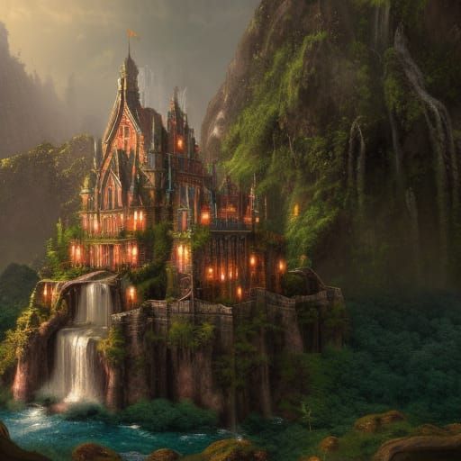 Fantastical Waterfall Castle: Detailed Matte Painting