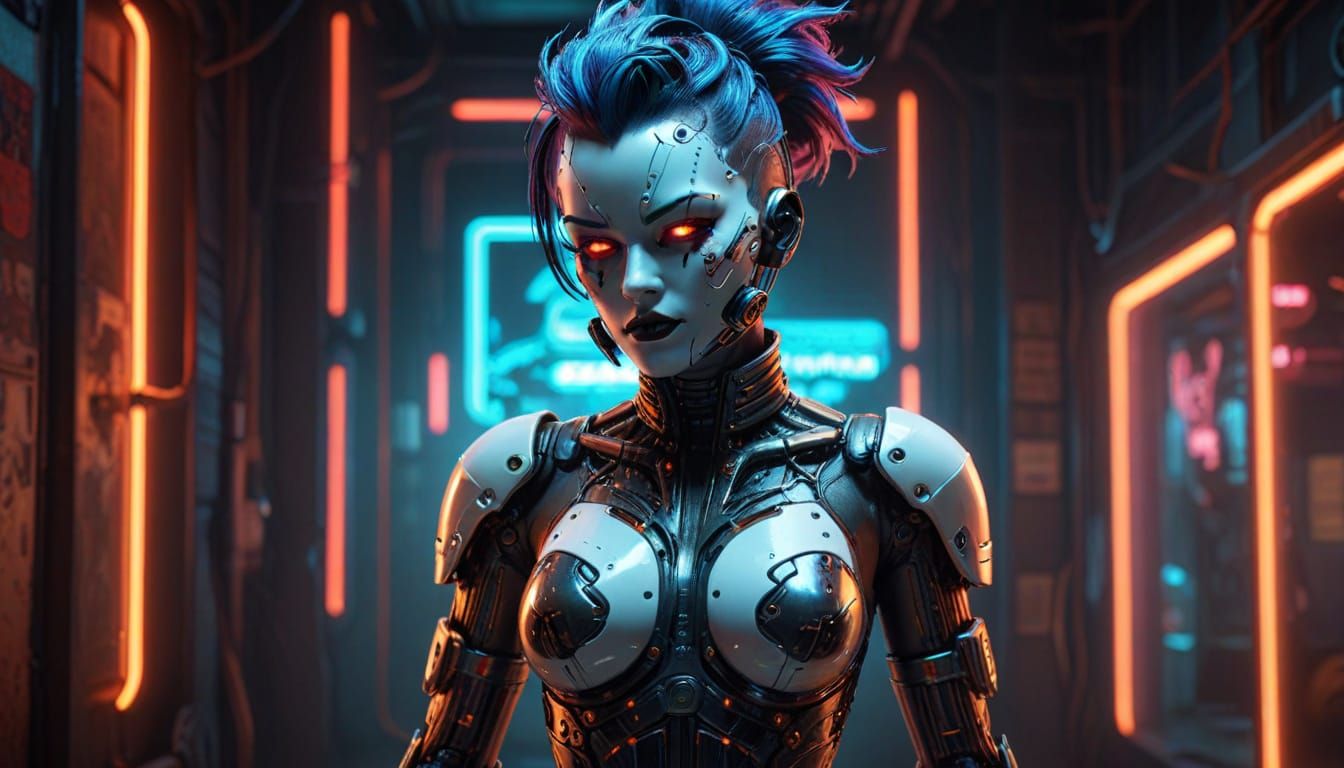 Cyberpunk Gynoid Pinup with Neon Lights