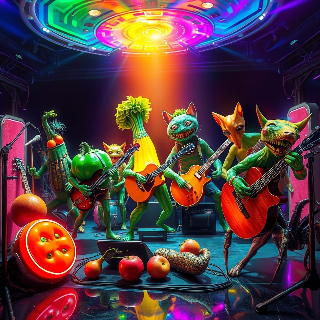 Ensemble of Vibrant Vegetables and Fruits Rock Out in Neon F...