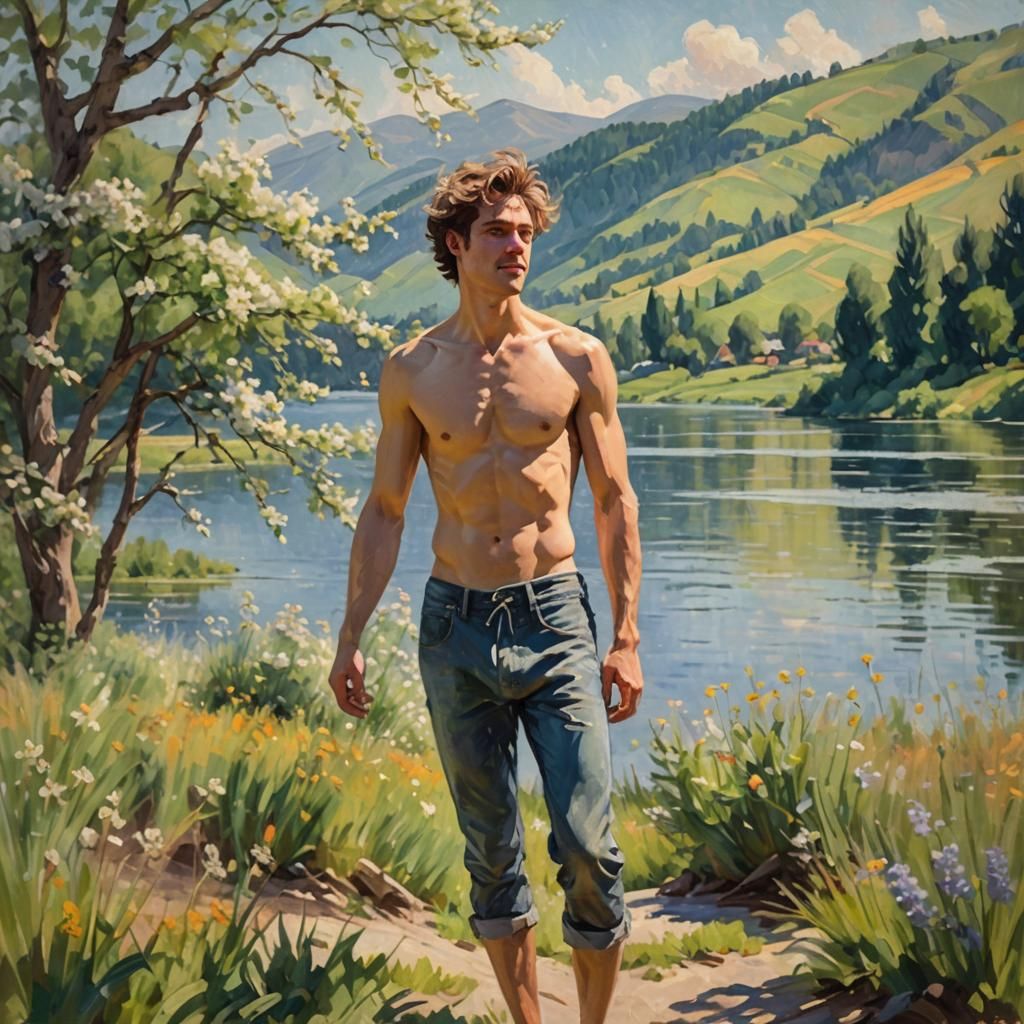 Idyllic Lakeside Scene in Impressionist Style