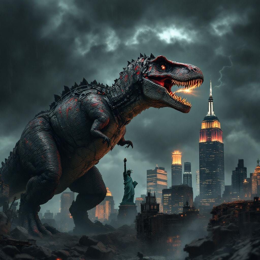 T-Rex Attacks Liberty in Dystopian Future