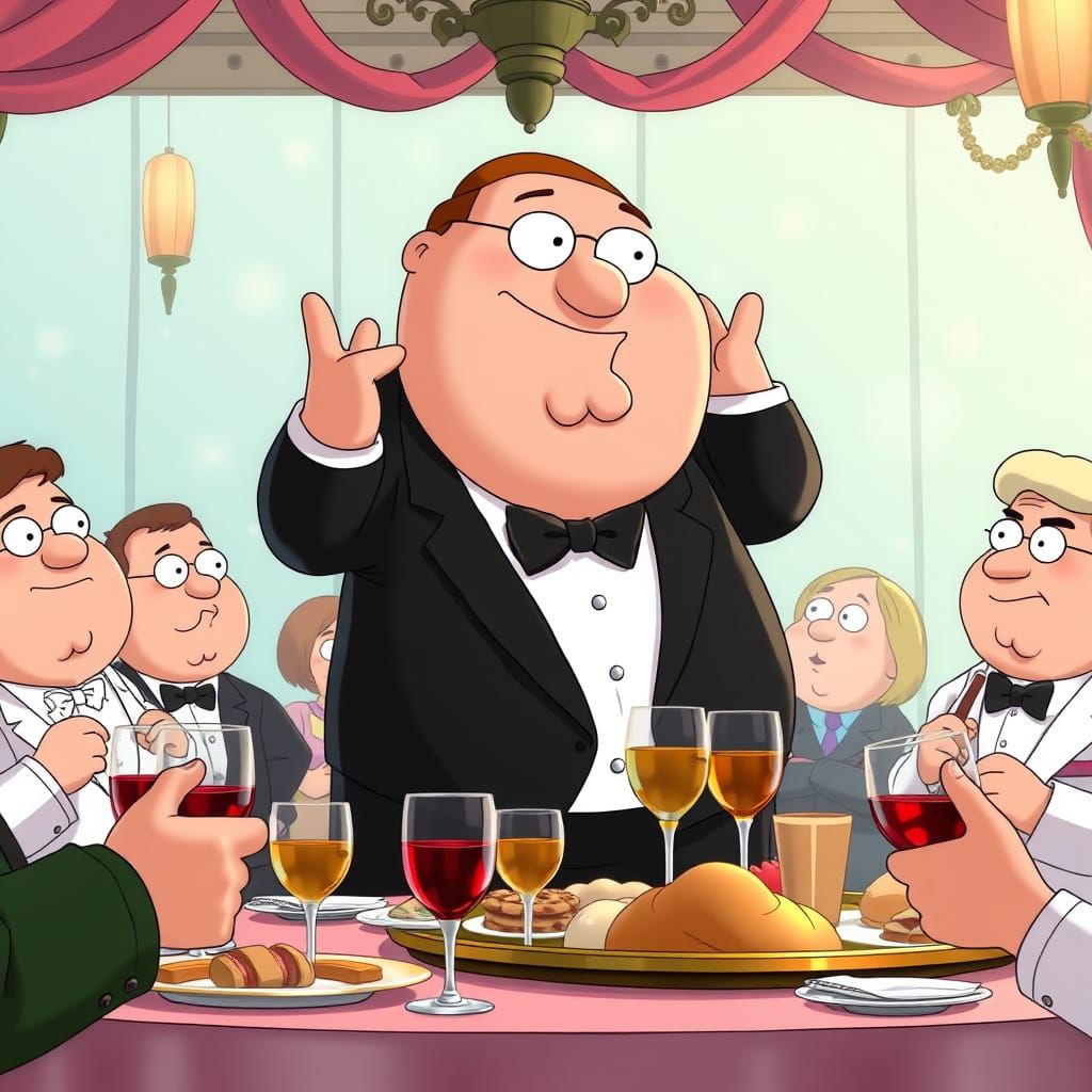 Peter Griffin in a Tuxedo at a Whimsical Dinner Party