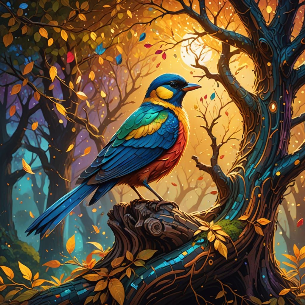 Golden Bird on Tree of Fortune, Digital Painting