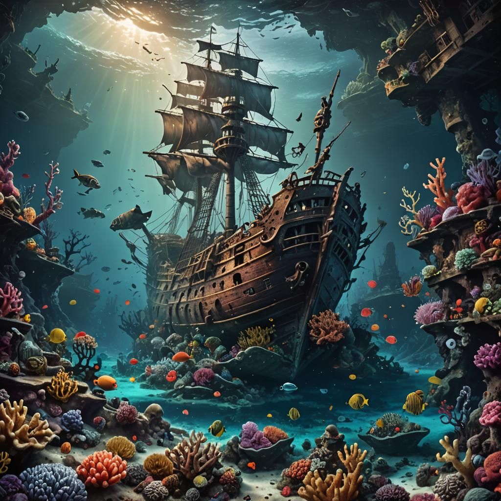 Sunken Pirate Ship Reclaimed by Coral Reef