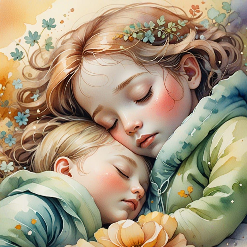 Adorable Tiny Person Sleeping in Soft Watercolor Style