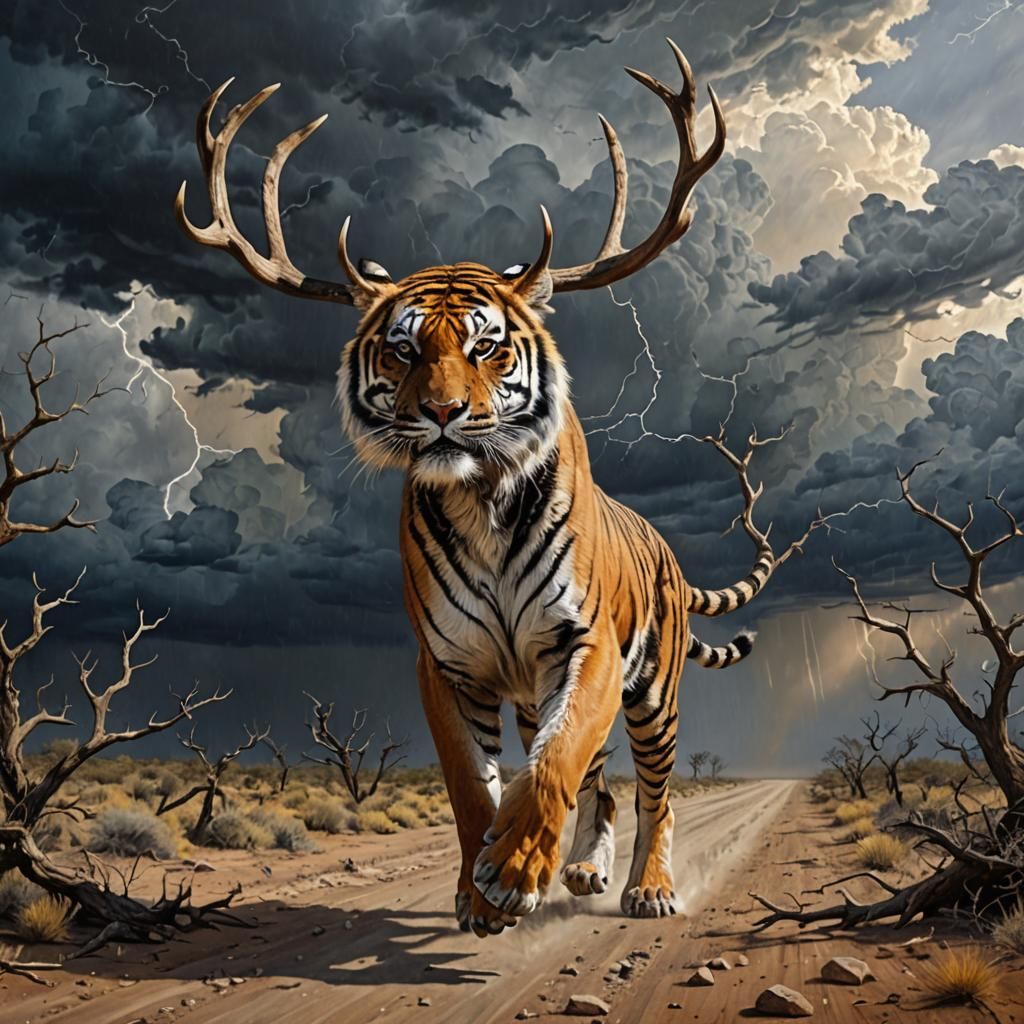 Tiger with Antlers Runs Under Stormy Sky