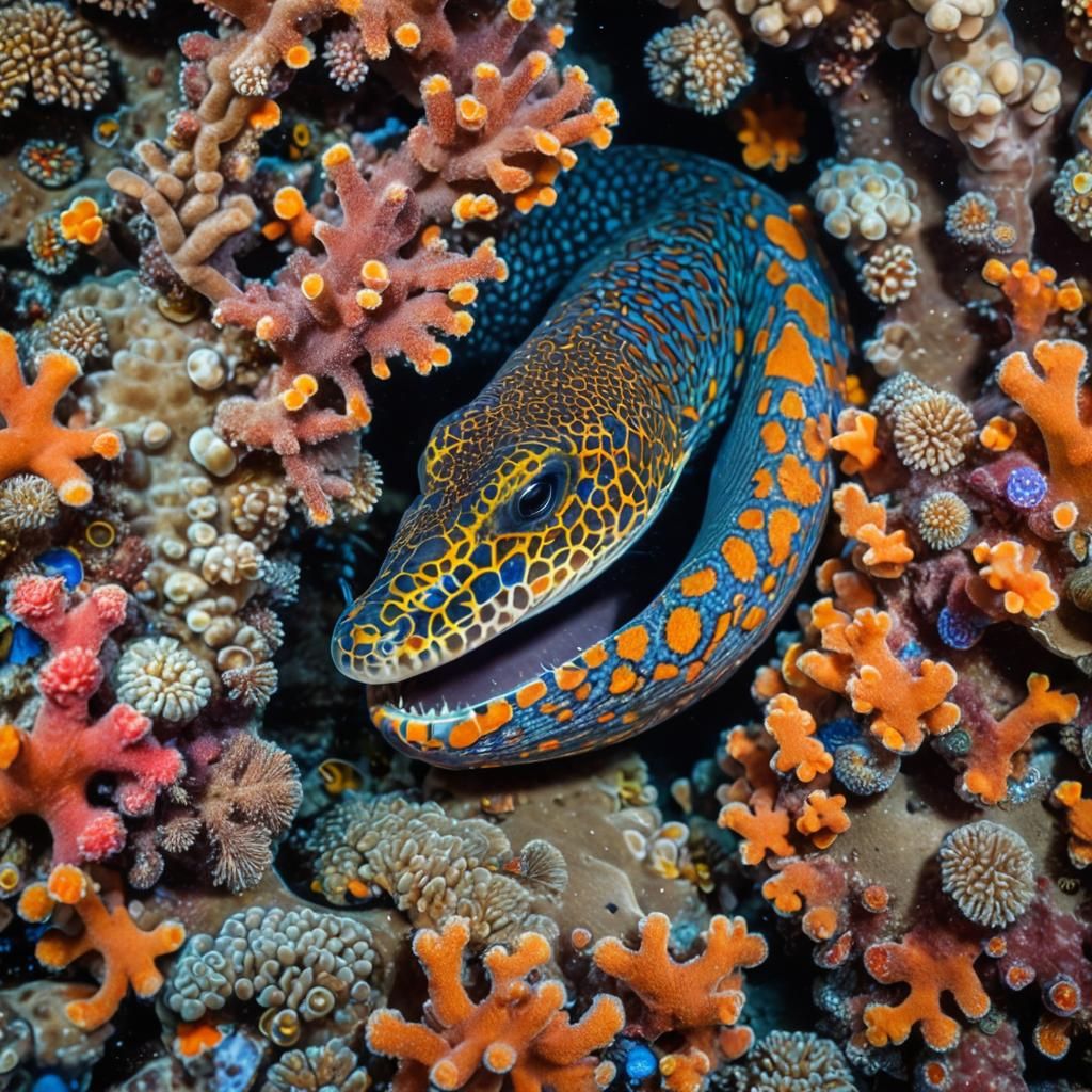 Underwater Macro: Moray Eel in Colorful Coral Reef
