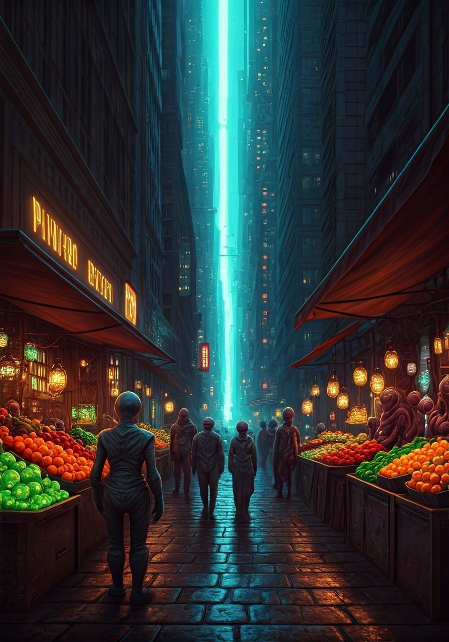 Alien Market: Glowing Produce and Crowded Streets