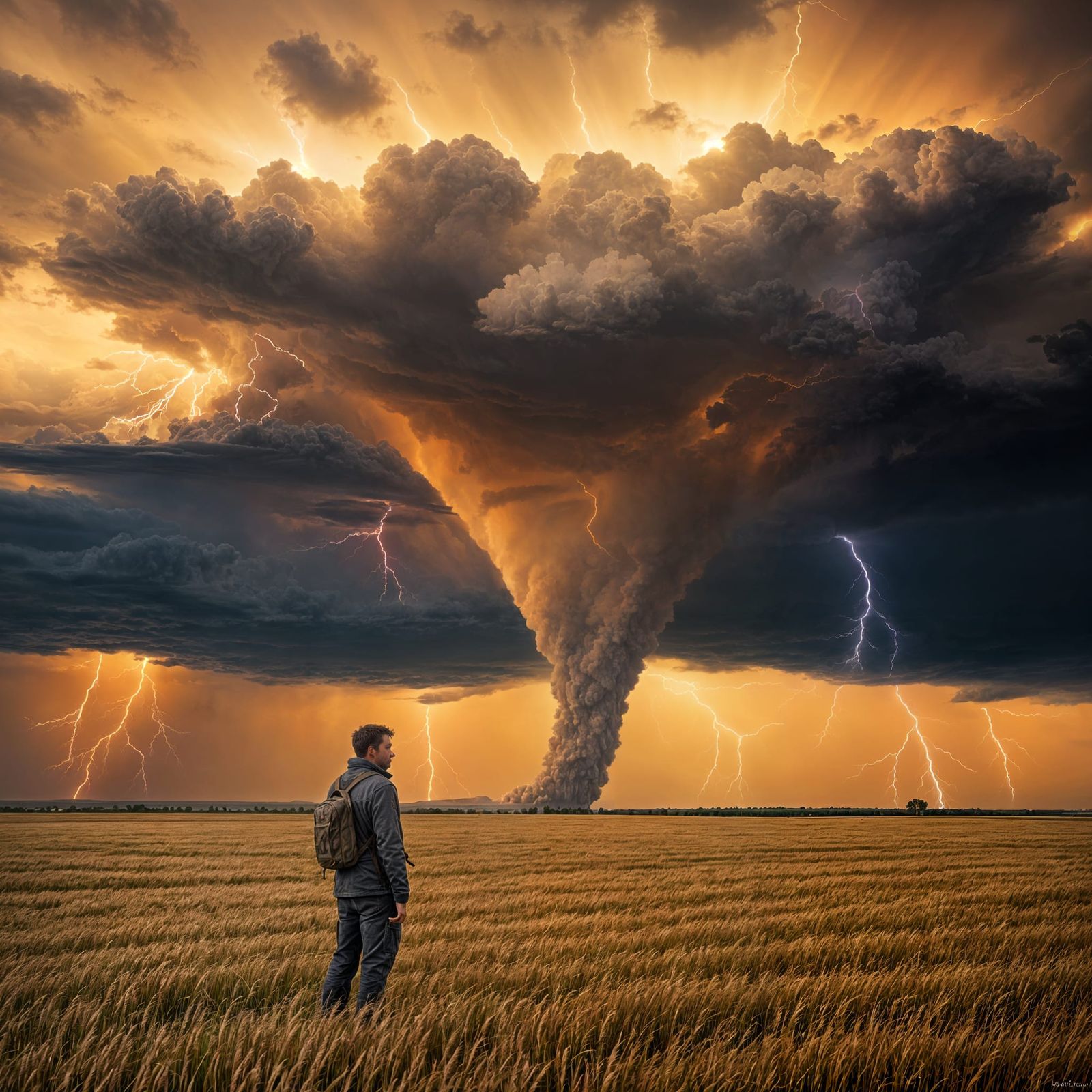 Storm Chaser Faces EF5 Tornado in Golden Wheat Field at Dusk