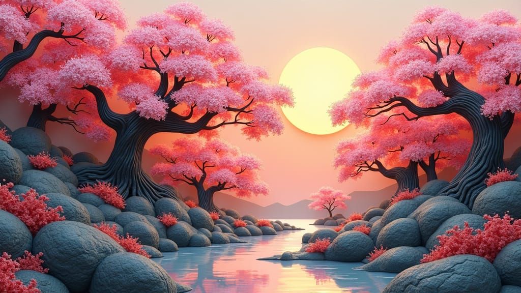 Blossom Trees in Japanese Origami Landscape