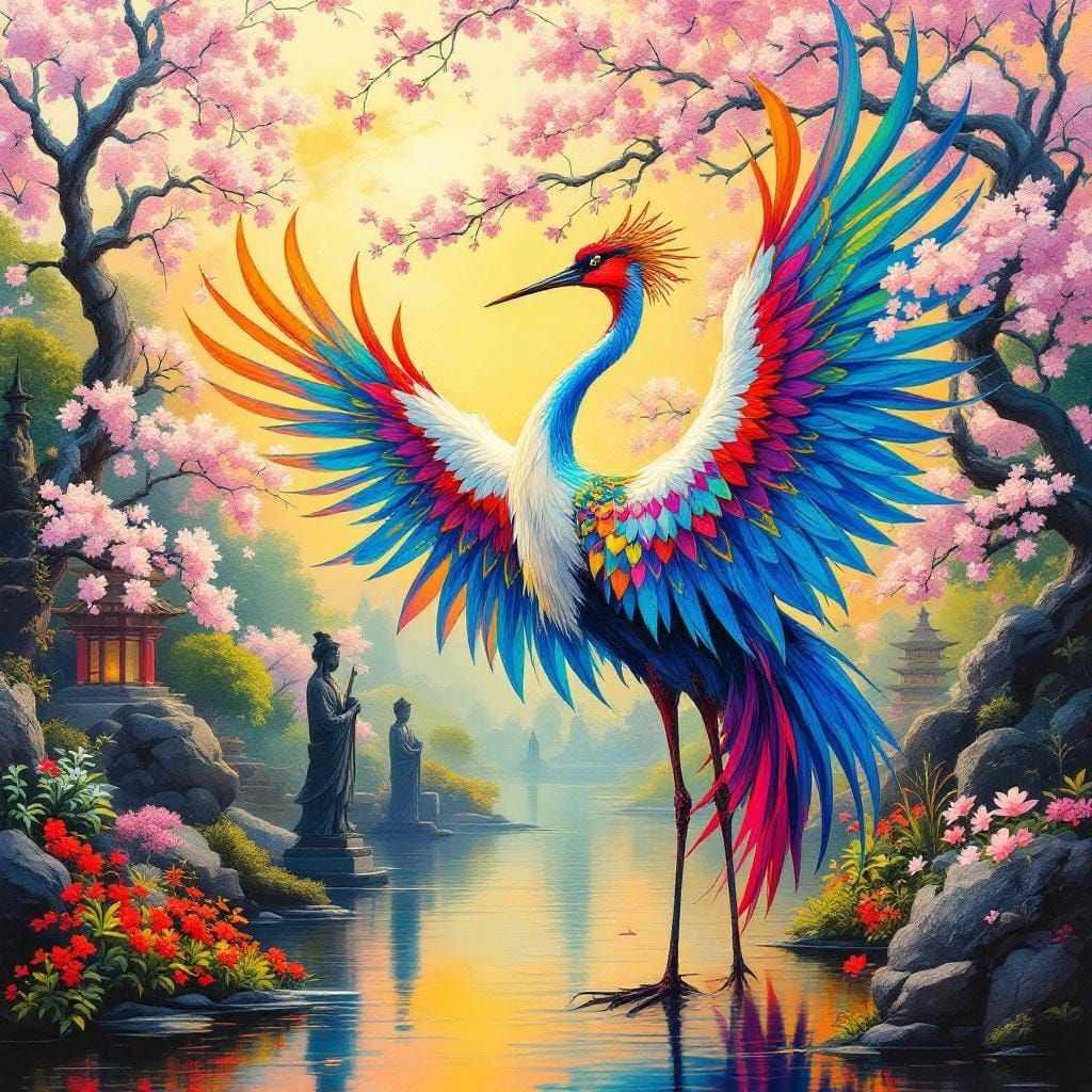 Crane in Chinese Garden: Acrylic Art