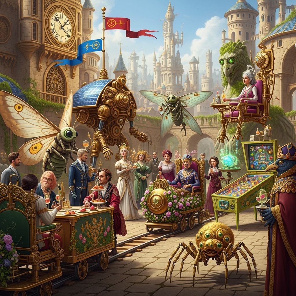 Steampunk-Solarpunk Royal Courtyard Party at Clockwork Castl...