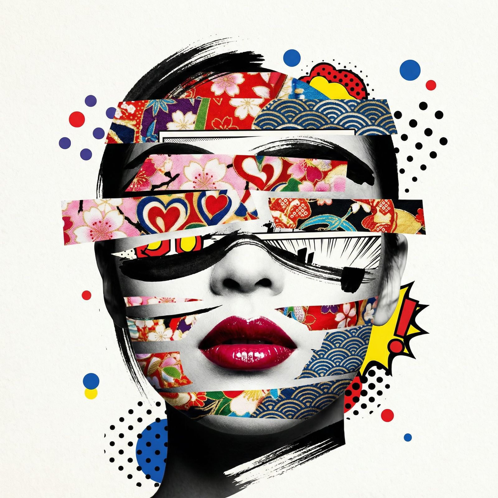 Minimalist Abstract Geisha Portrait with Japanese Fabric Col...