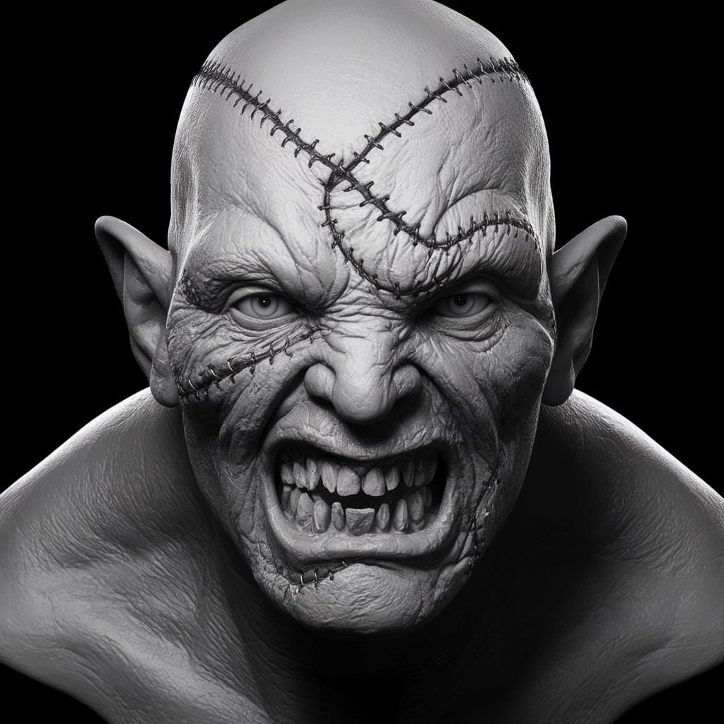 Disturbing Grayscale Portrait of a Grotesque Monstrous Head