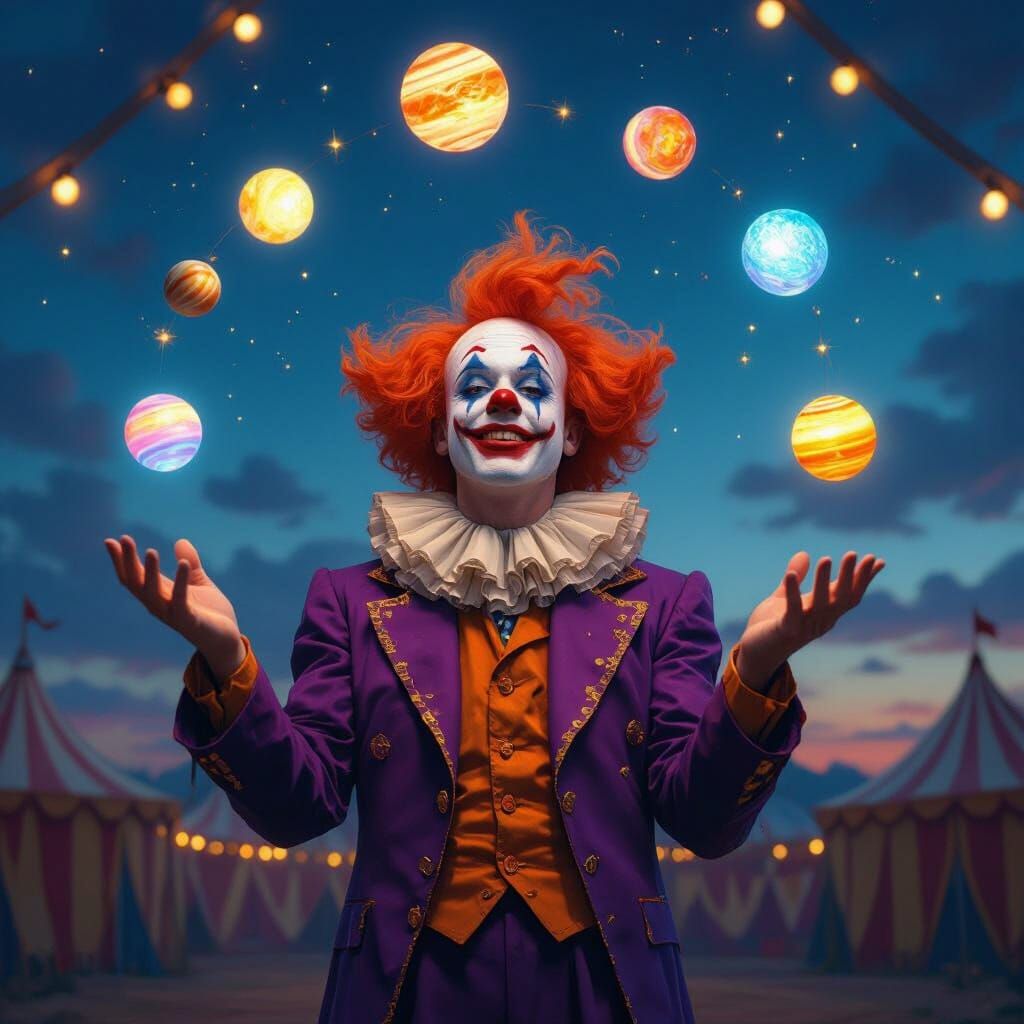 Melancholic Clown Juggling Planets in Dreamlike Circus