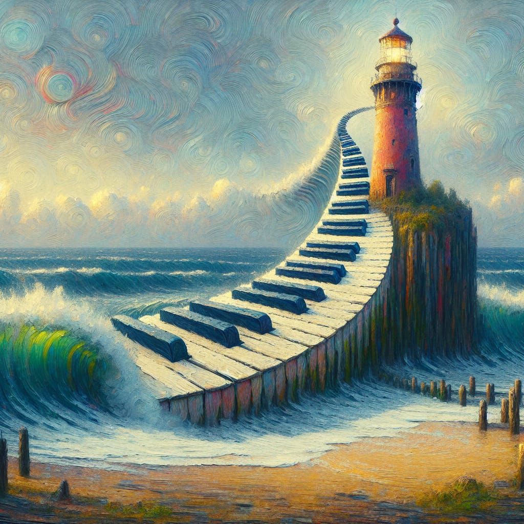 Surreal Lighthouse Made of Piano Keys in Impressionist Style