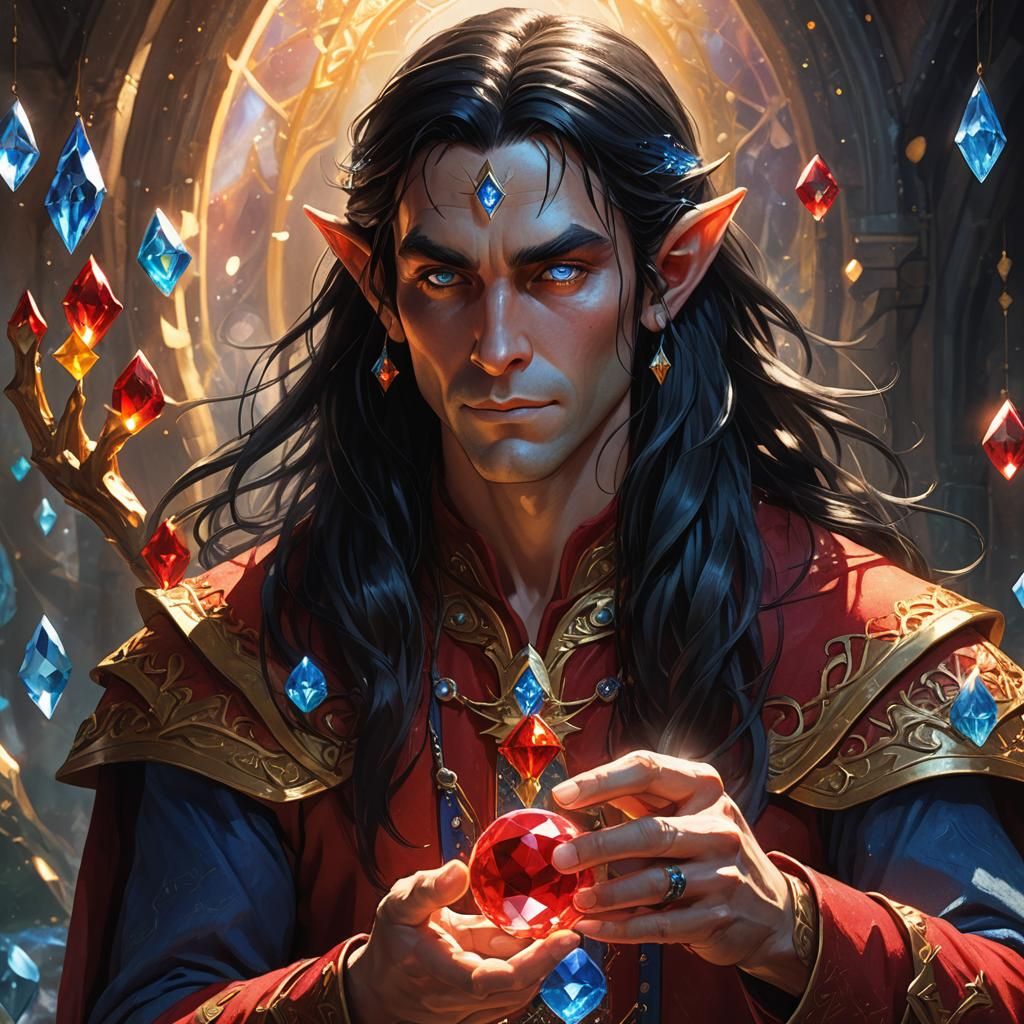 A tall male elf with very long black hair,blue eyes, wearing...