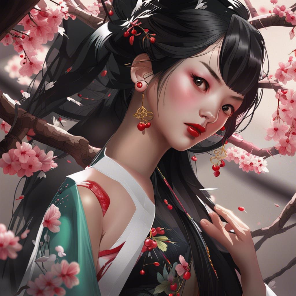 Chinese Woman in Traditional Dress by Cherry Tree