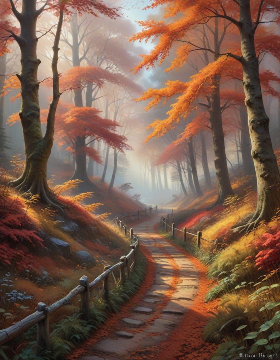 Ethereal Autumn Forest Path in Hyper-Realistic Style