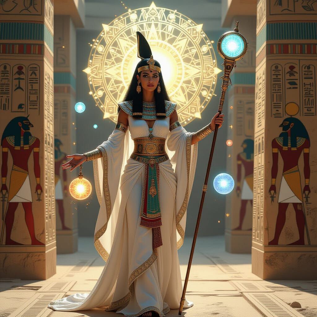 Futuristic Egyptian Priestess Blending Technology and Mystic...