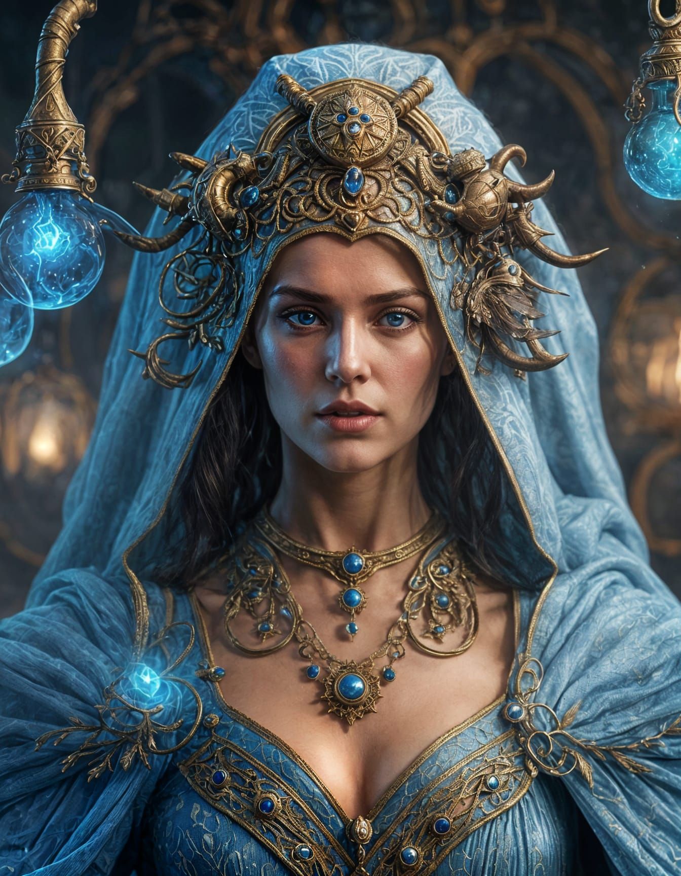 Sorceress Evokes Glowing Cloud in Ancient Laboratory