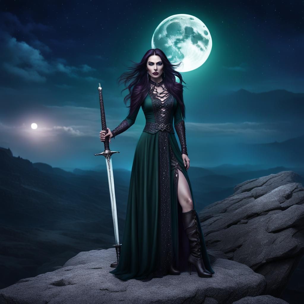 Mystical Gothic Woman with Sword Under Starry Sky