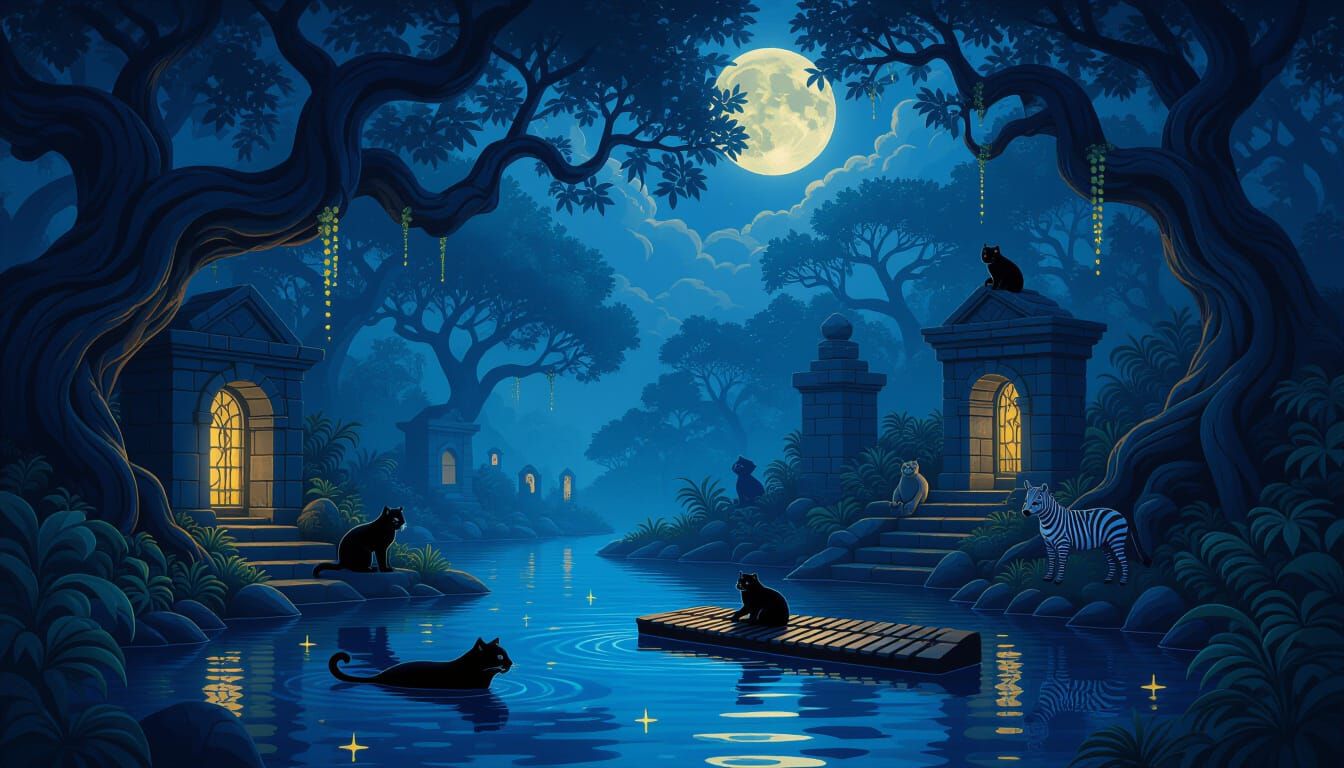 Enchanted Nocturnal Forest Cemetery in Moonlight