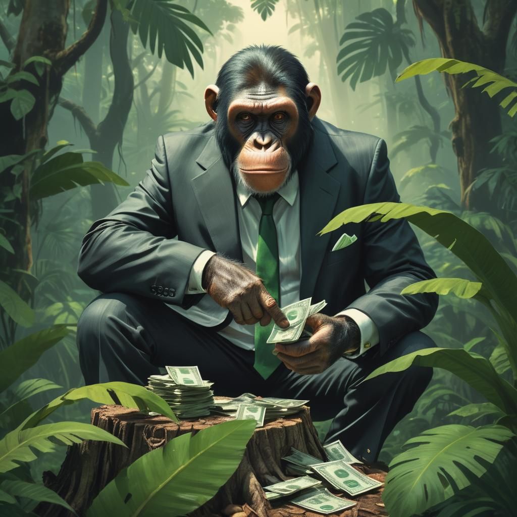 obsessed ape counting his money on a tree stump in the jungl...