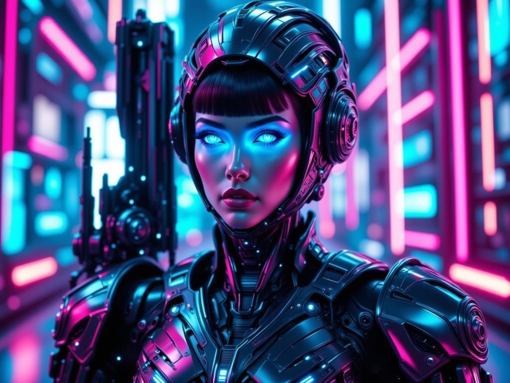 Cyberpunk Geisha Cyborg with Blue Eyes in Neon City