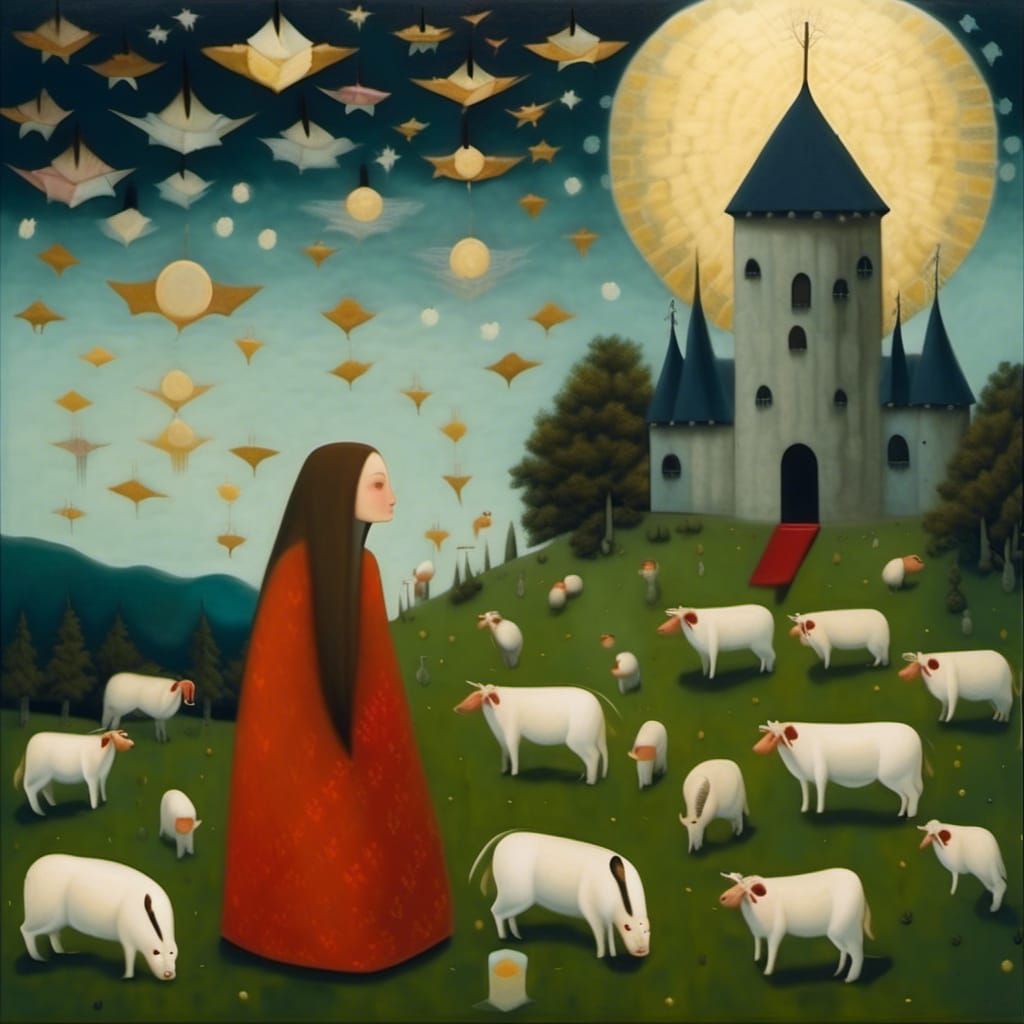 Girl Watches Flying Cow in Art Brut Dreamscape