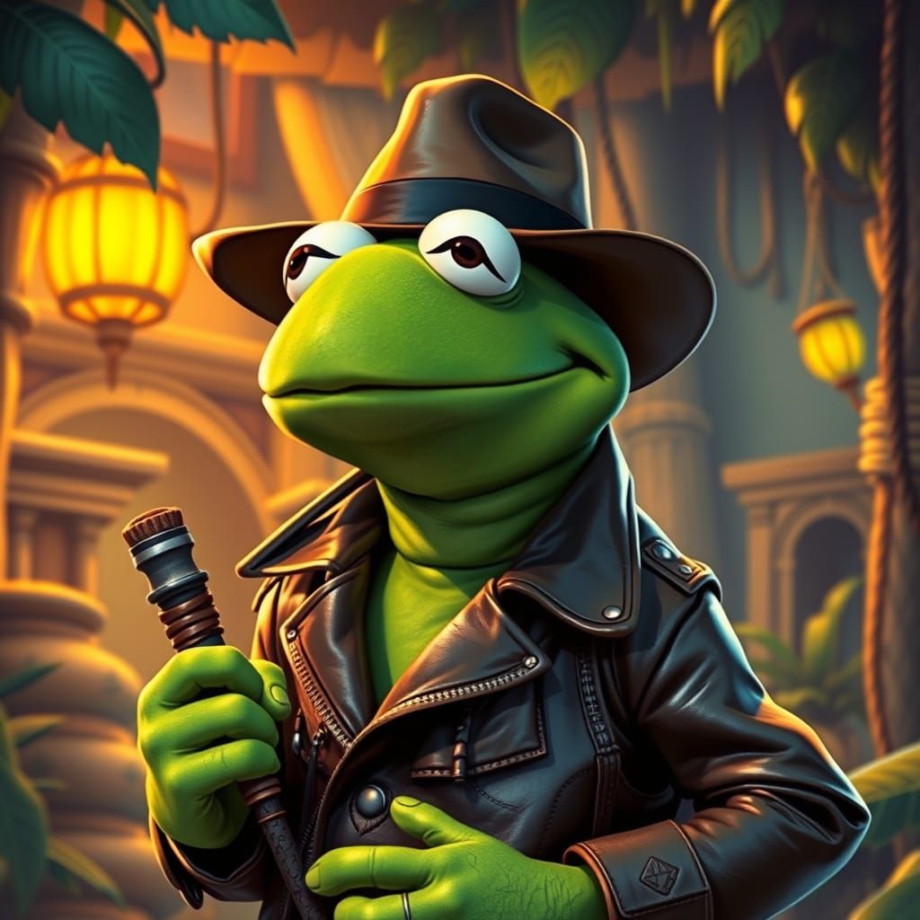 Kermit the Frog as Adventurer in Vibrant Jungle