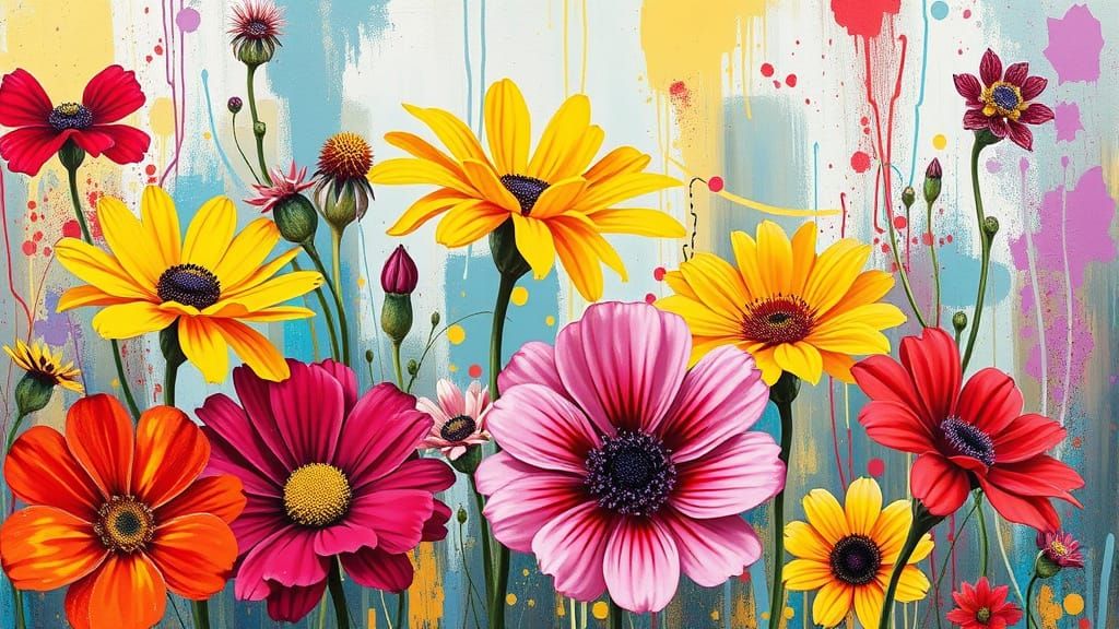 Polychromatic Wildflowers in Pop and Street Art Style