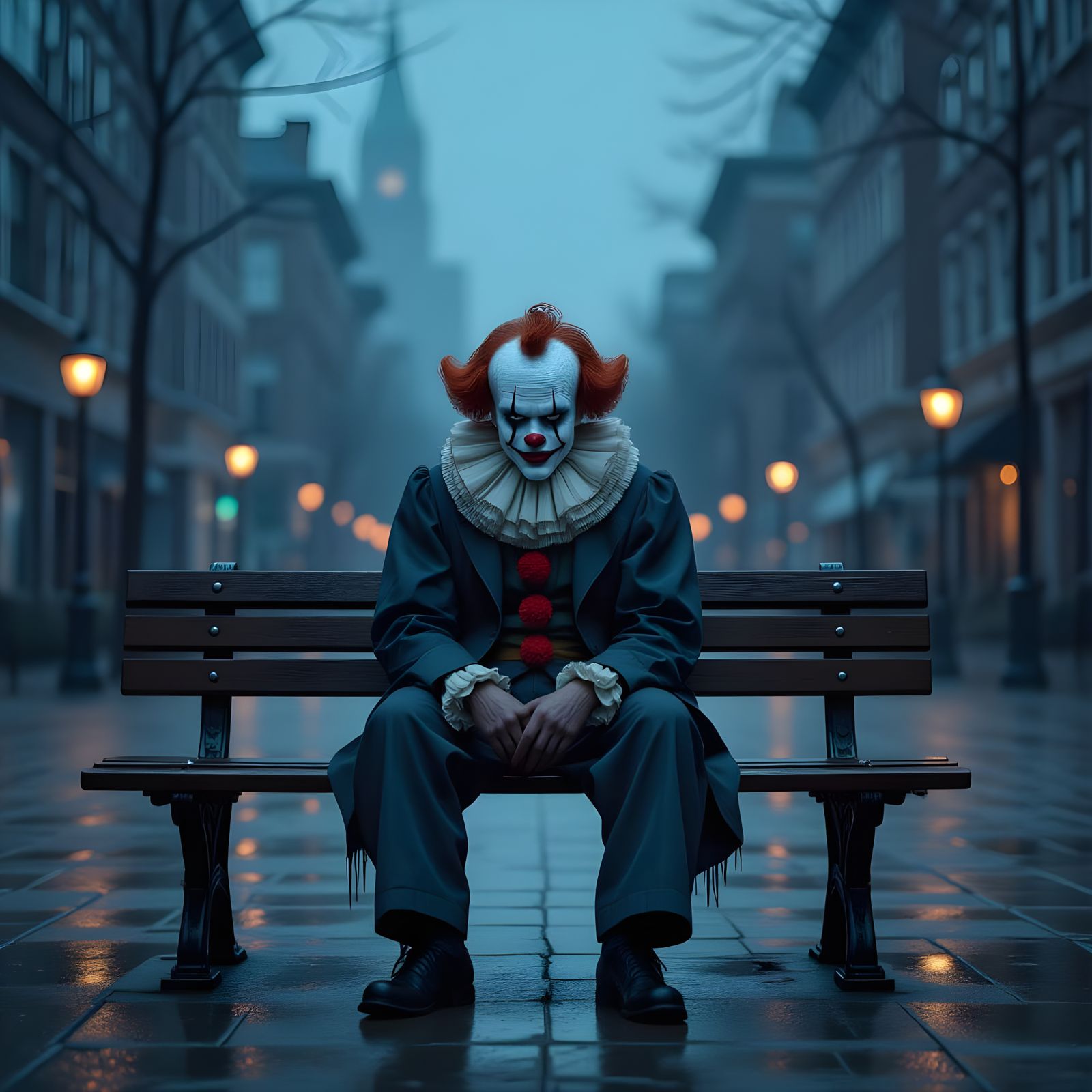 Melancholy Clown on Park Bench in Twilight City Square