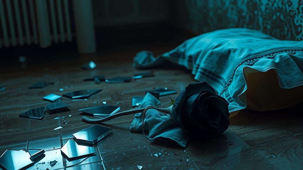 Eerie Horror Scene with Black Rose and Shattered Mirror