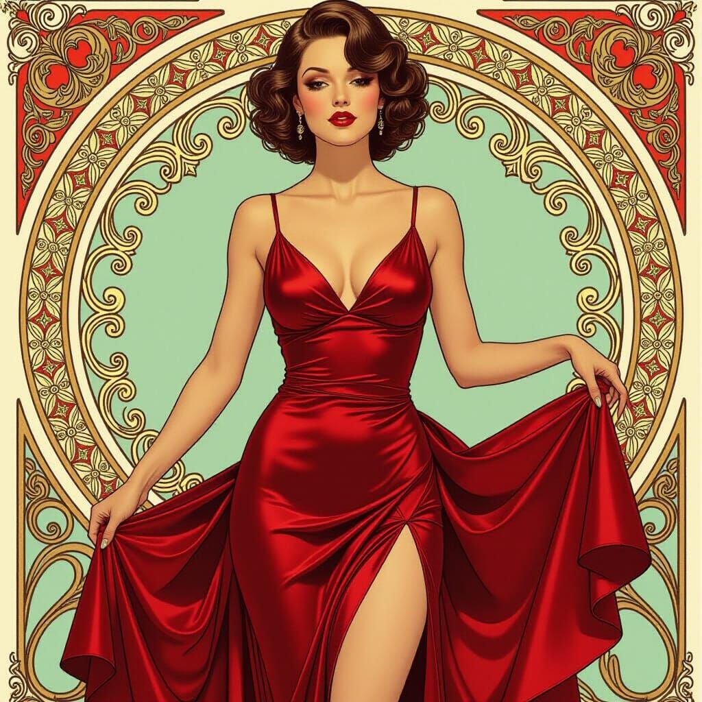Woman in Crimson Silk Dress, Art Nouveau Style