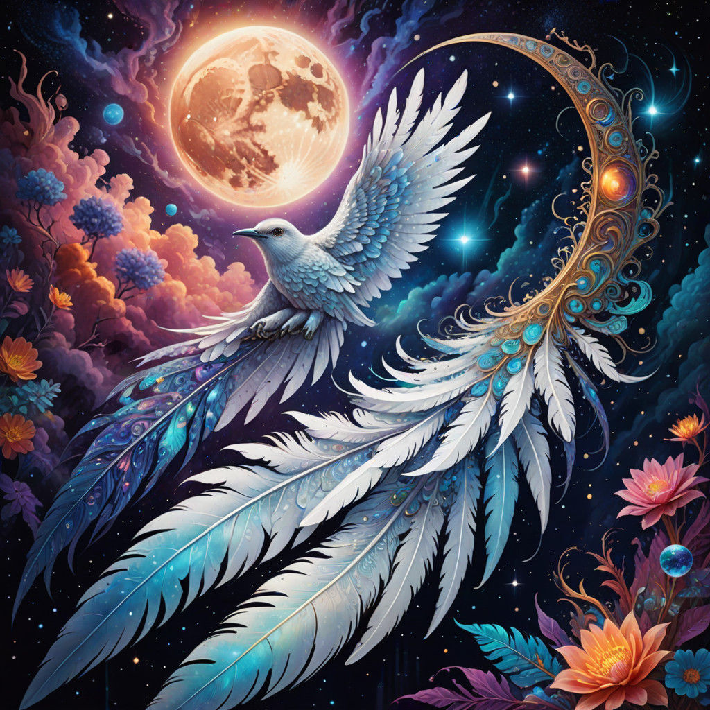 Mystical Cosmic Feathers Moon in Vibrant Iridescent Hues