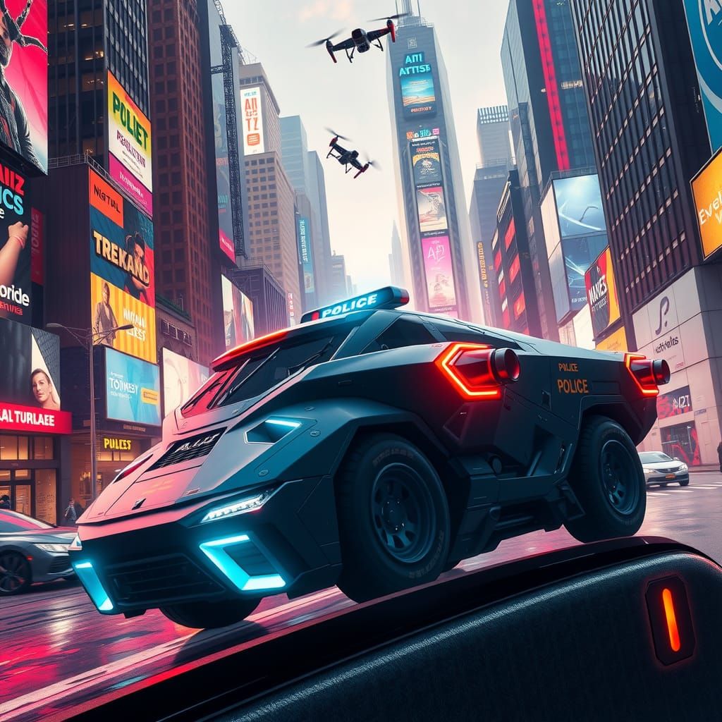Futuristic AI Police Cruiser in Dystopian Metropolis
